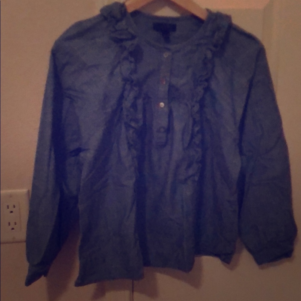 RUFFLE-FRONT CHAMBRAY TOP